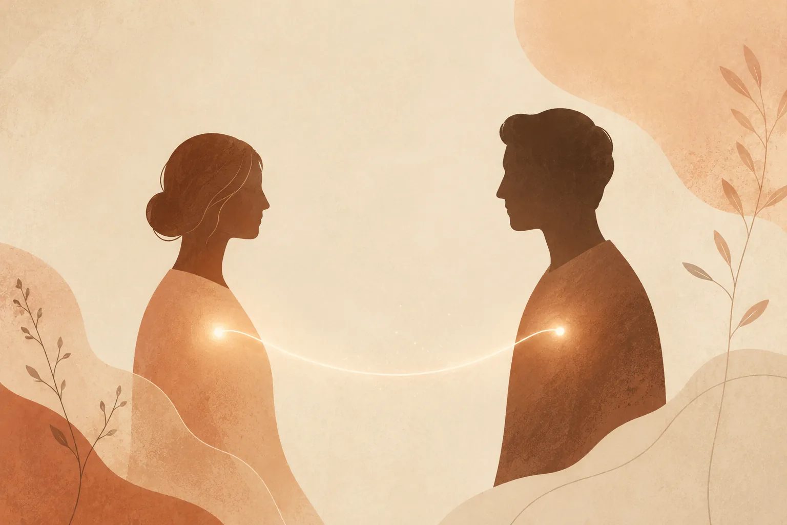 Two people facing each other in warm morning light, connected by a quiet thread of understanding