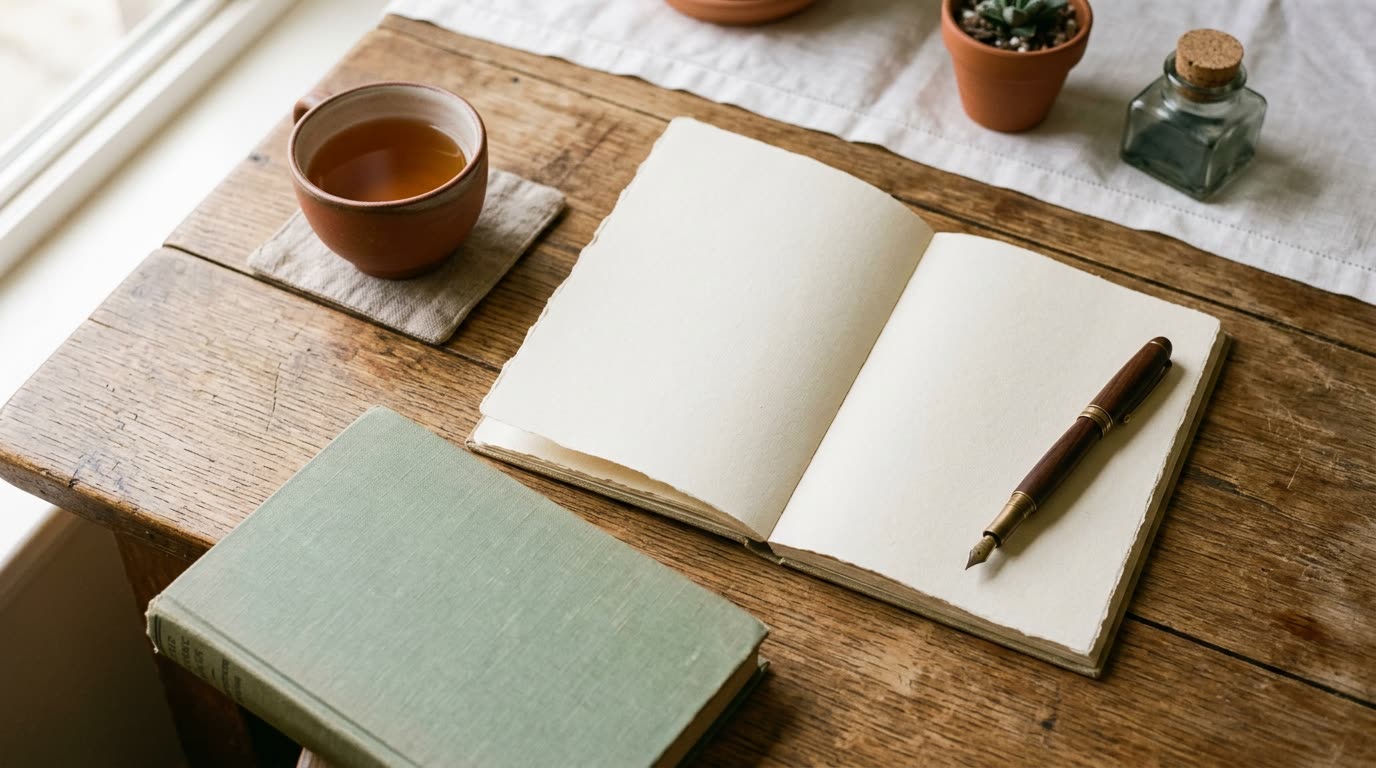 A quiet writing desk in morning light — an open notebook and a fountain pen